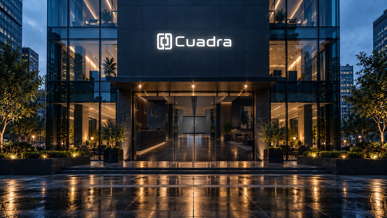 Fachada corporativa con el letrero de Cuadra